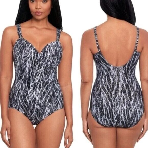 NWT Miraclesuit Chevron Python Siren 1PC Womens Swimsuit L Adjustable Straps NEW - Picture 1 of 14